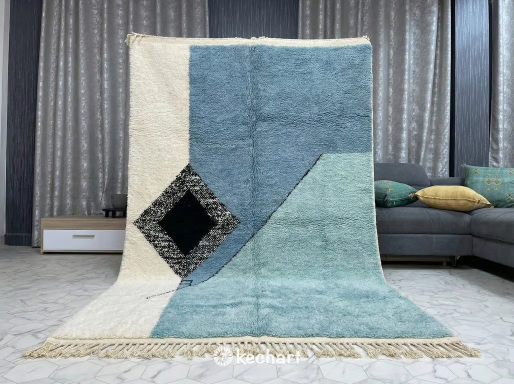 モロッコ絨毯Beni Ourain rug Custom Beni Ourain Rug - Blue & Aqua Moroccan Wool