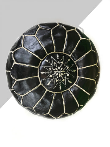 Black Moroccan leather pouf