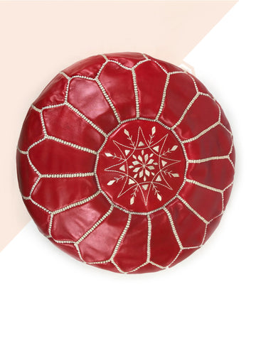 Red Moroccan leather pouf