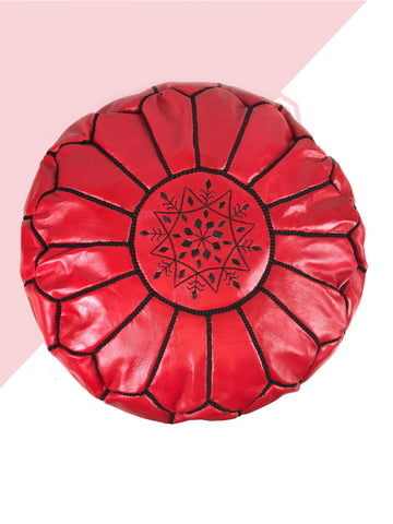 Red Moroccan leather pouf