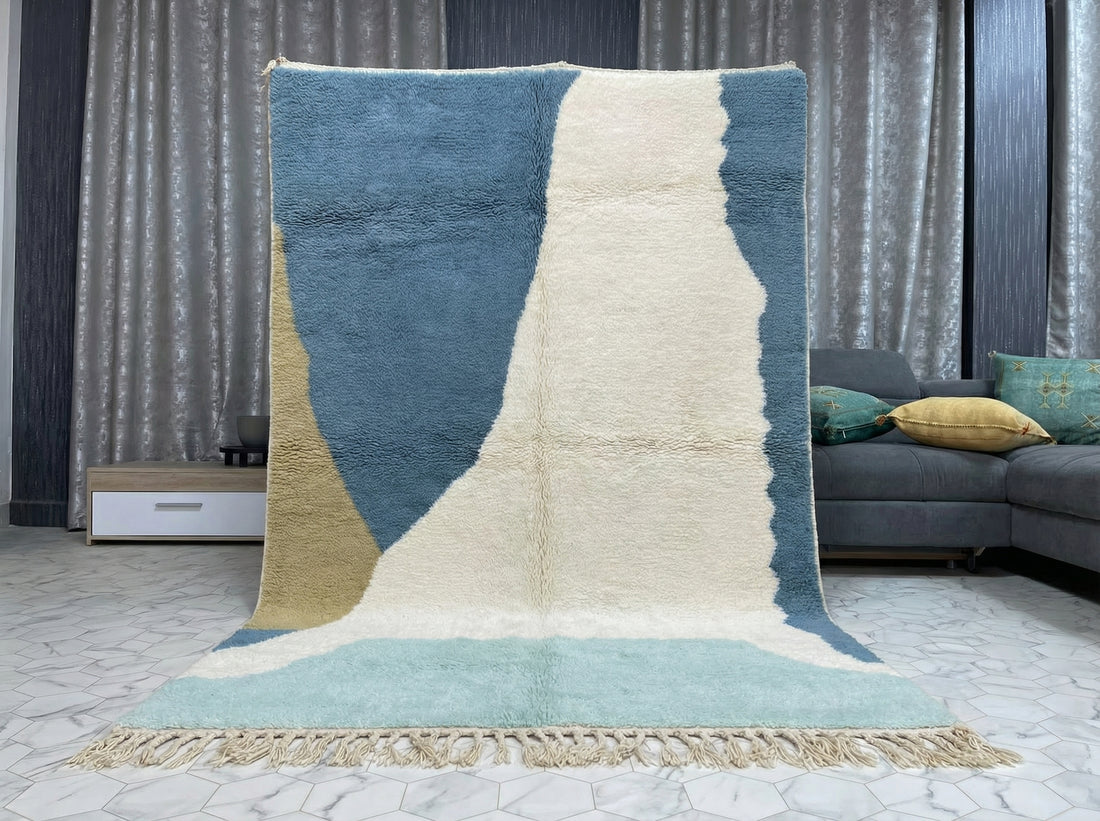 Custom Size Beni Ourain Rug - Handwoven Moroccan Wool Geometric Blue & Cream