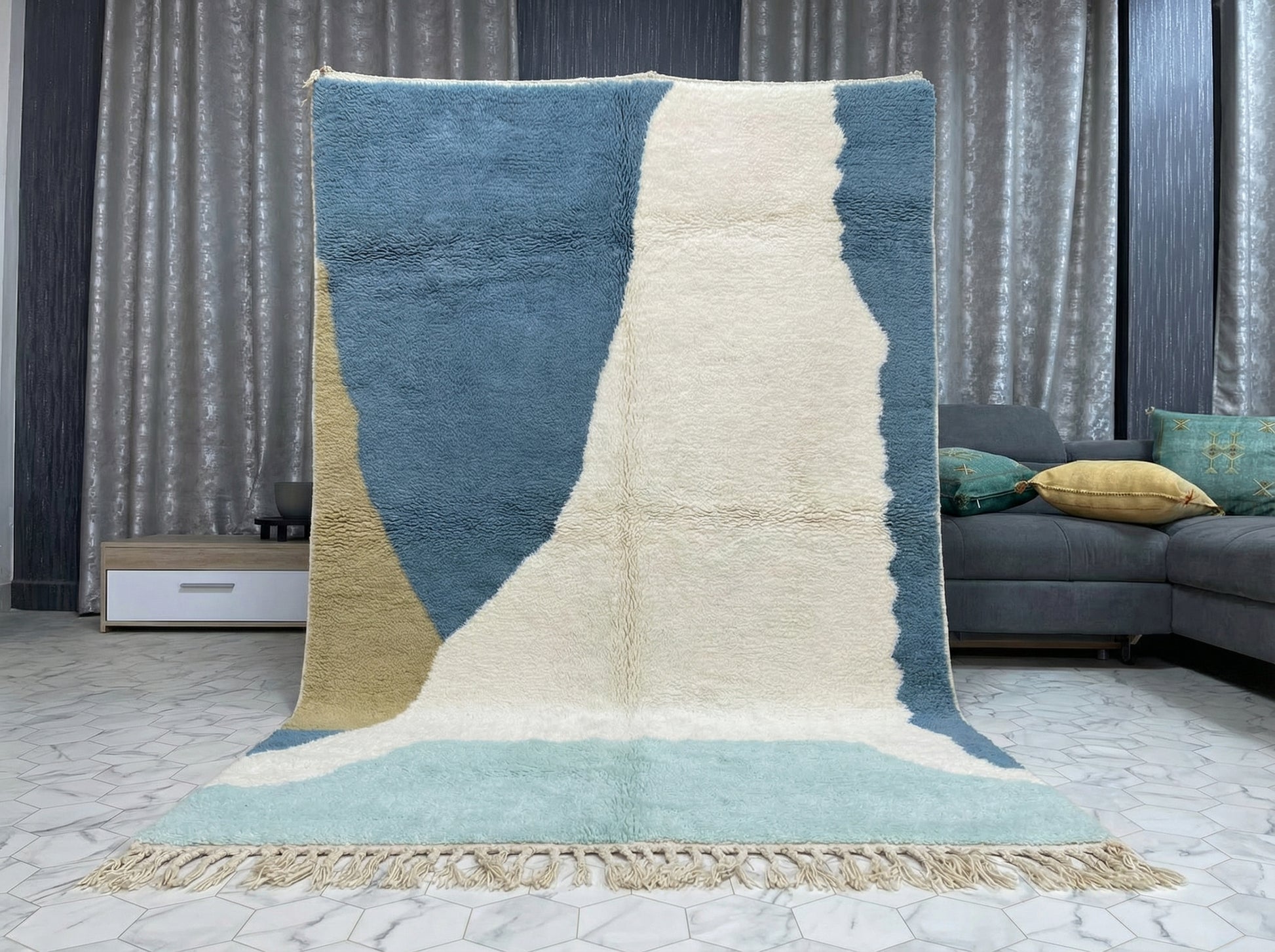 Custom Size Beni Ourain Rug - Handwoven Moroccan Wool Geometric Blue & Cream