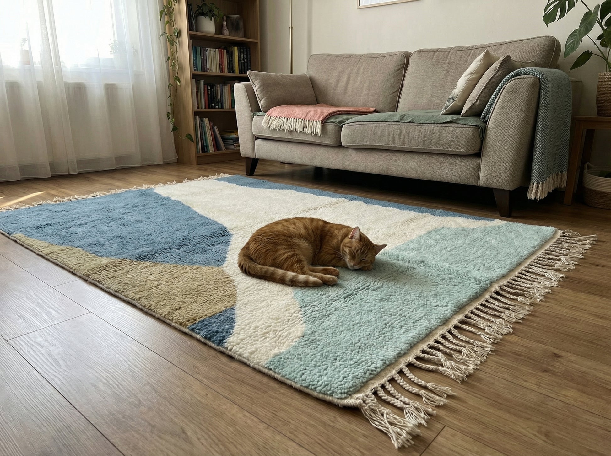 Custom Size Beni Ourain Rug - Handwoven Moroccan Wool Geometric Blue & Cream