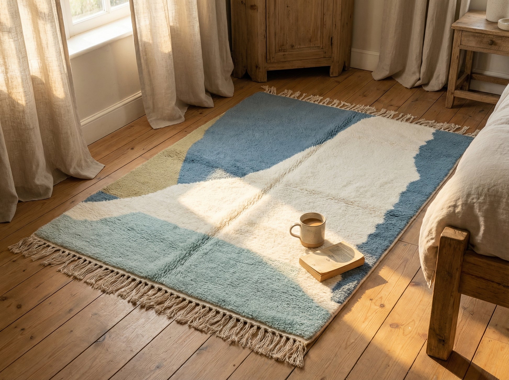 Custom Size Beni Ourain Rug - Handwoven Moroccan Wool Geometric Blue & Cream