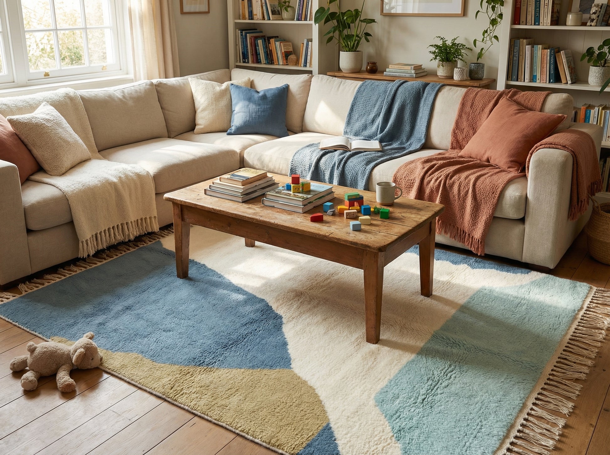 Custom Size Beni Ourain Rug - Handwoven Moroccan Wool Geometric Blue & Cream