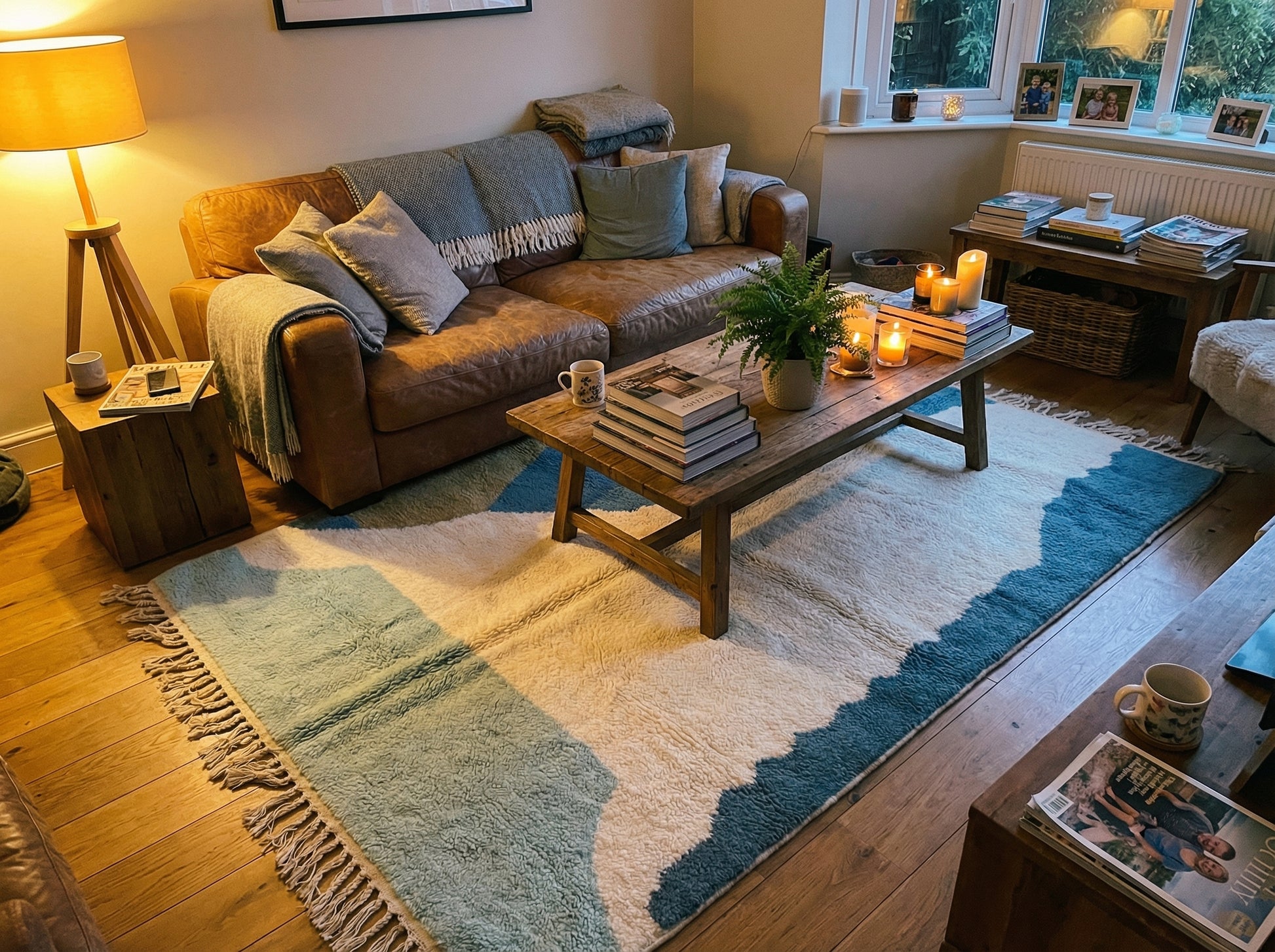 Custom Size Beni Ourain Rug - Handwoven Moroccan Wool Geometric Blue & Cream