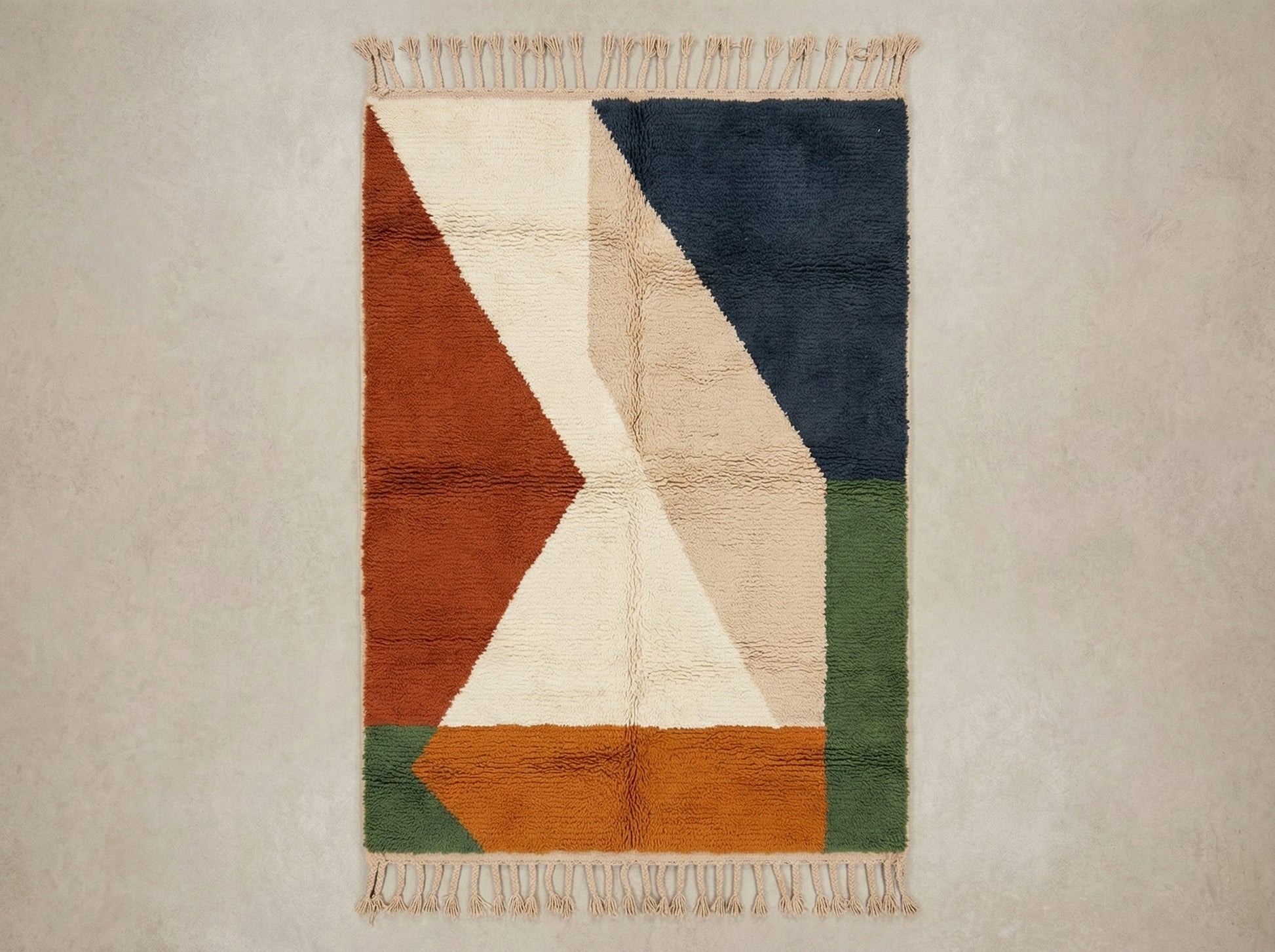 Custom Beni Ourain Moroccan wool rug shown flat, featuring a medium density geometric diamond pattern in warm tones of rust, marmalade, pesto green, and beige on a plush pile base with traditional fringe.