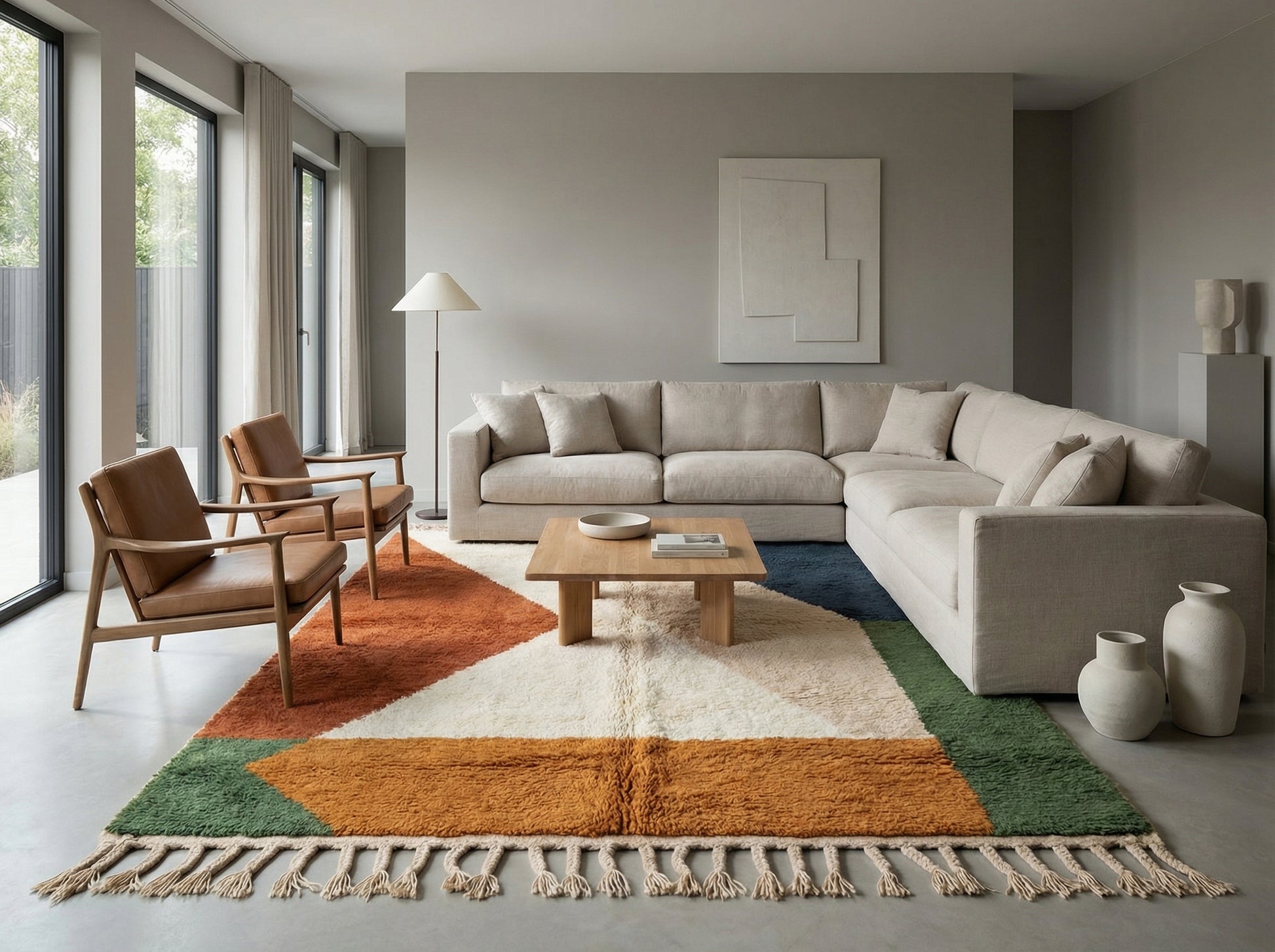 Wide-angle view of a modern, desert-inspired home interior where a bespoke, large-scale Beni Ourain rug serves as the focal point, connecting the seating area with its vibrant yet grounded design.