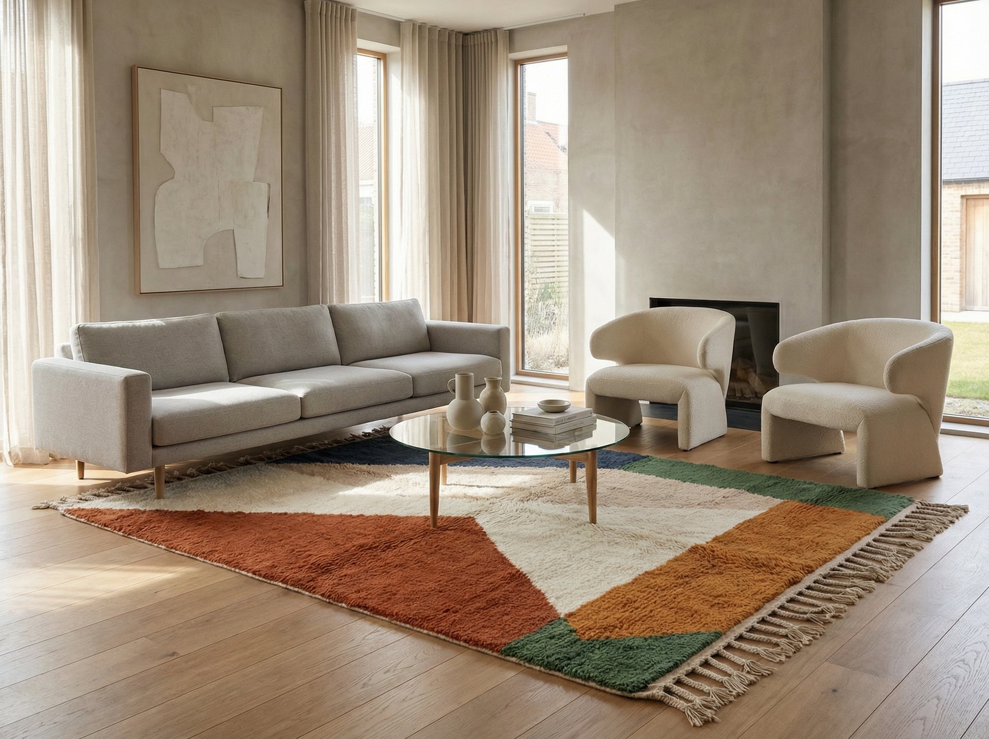 A large, custom-made Beni Ourain area rug anchored in a bohemian living room setting, placed beneath a velvet sofa and reclaimed wood coffee table, highlighting its warm earth tone palette.