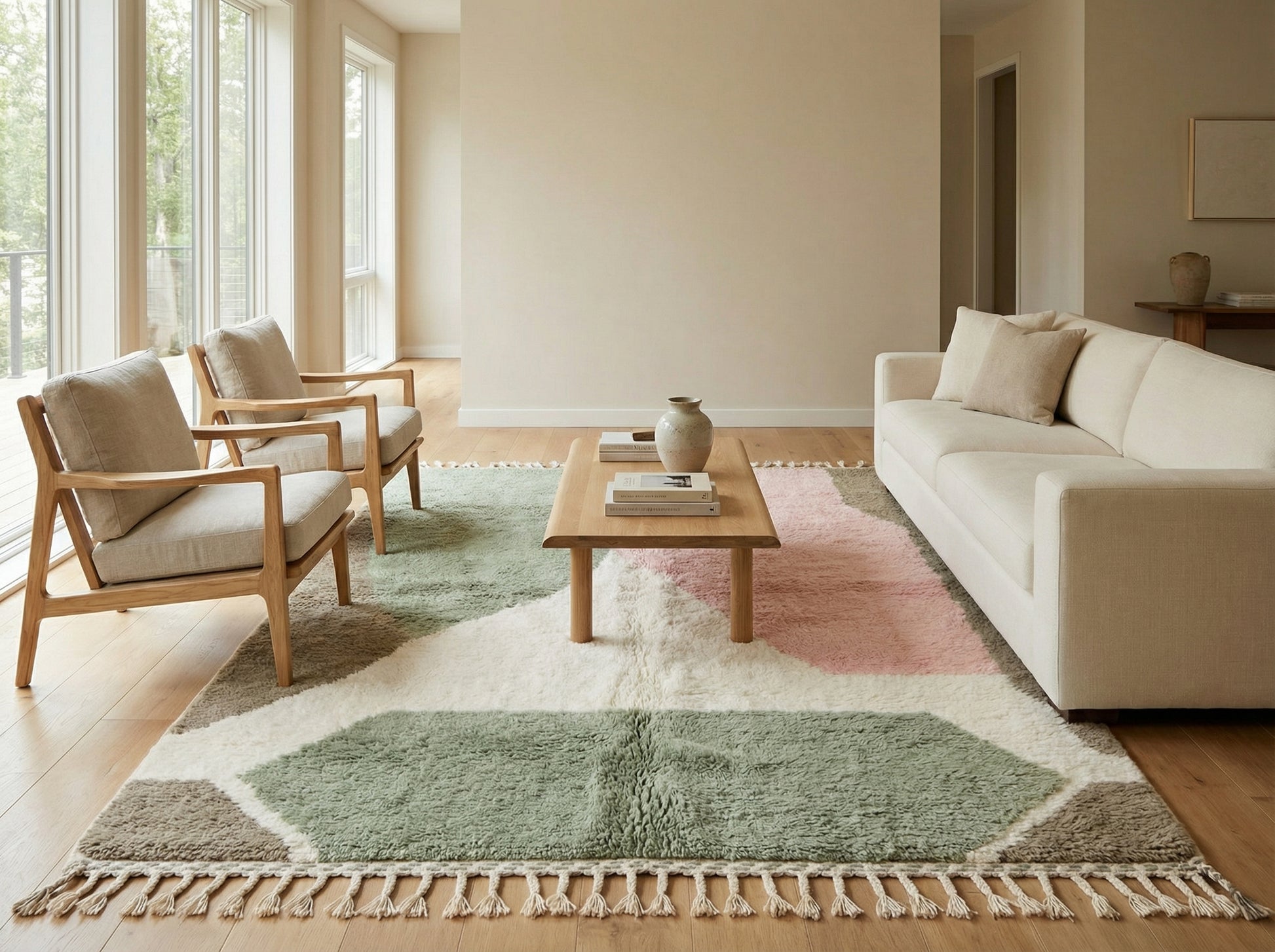 Large custom Beni Ourain area rug in a modern bohemian living room, anchoring a cream sofa with its soft pastel geometric design.