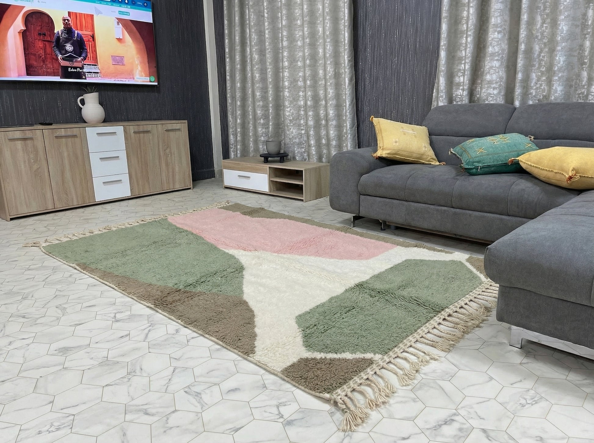 Custom Beni Ourain Rug - Made to Order Moroccan Wool in Sage, Pink & Taupe