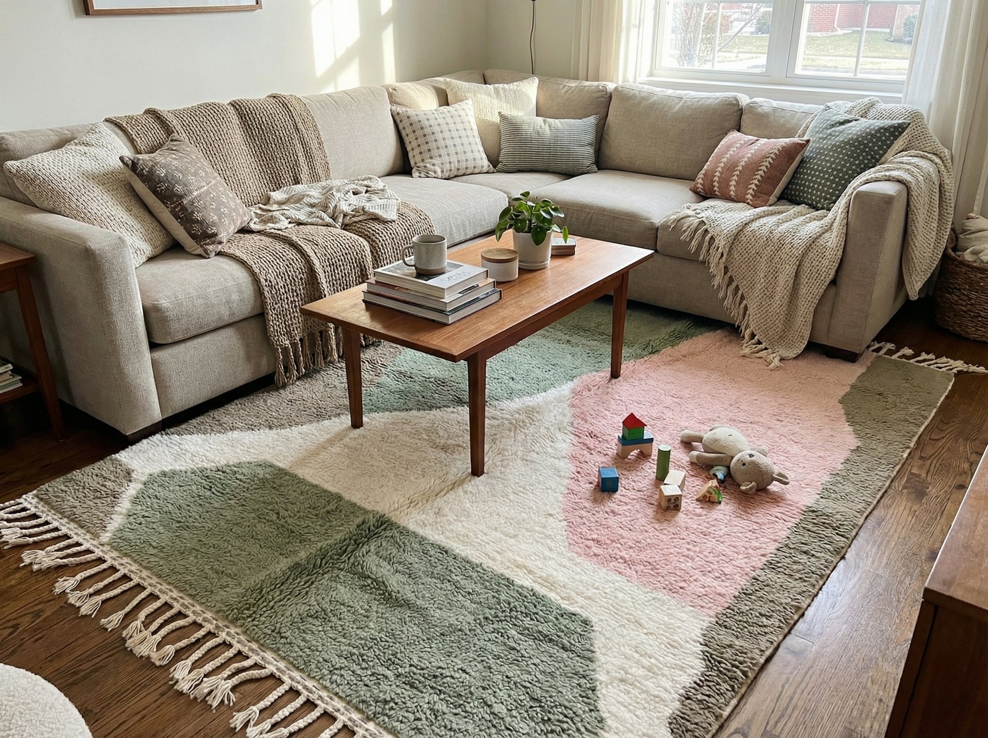 Custom Beni Ourain Rug - Made to Order Moroccan Wool in Sage, Pink & Taupe