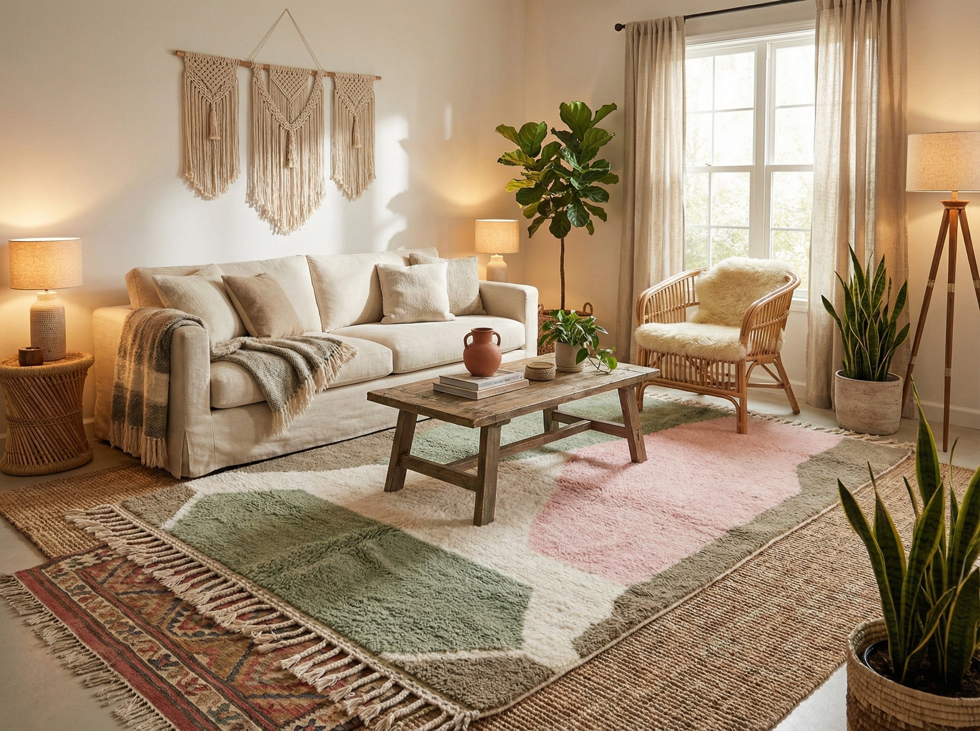 Cozy master bedroom featuring a plush made-to-order Moroccan Berber rug in sage and pink tones placed under a bed.