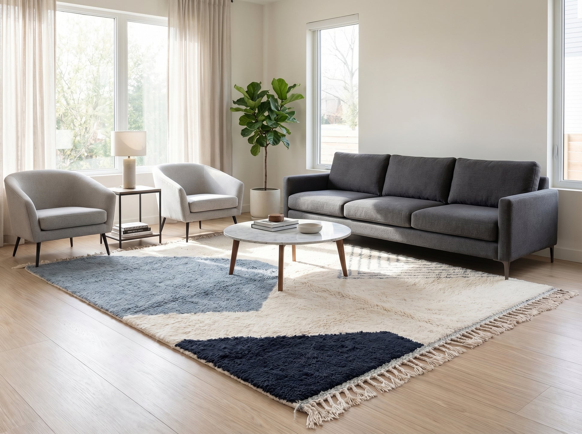 Alt text for room view 1 (describe rug in a styled room, e.g. 'Large custom Moroccan area rug in blue and grey wool tones anchoring a modern minimalist living room with a white linen sofa and wood coffee table.')