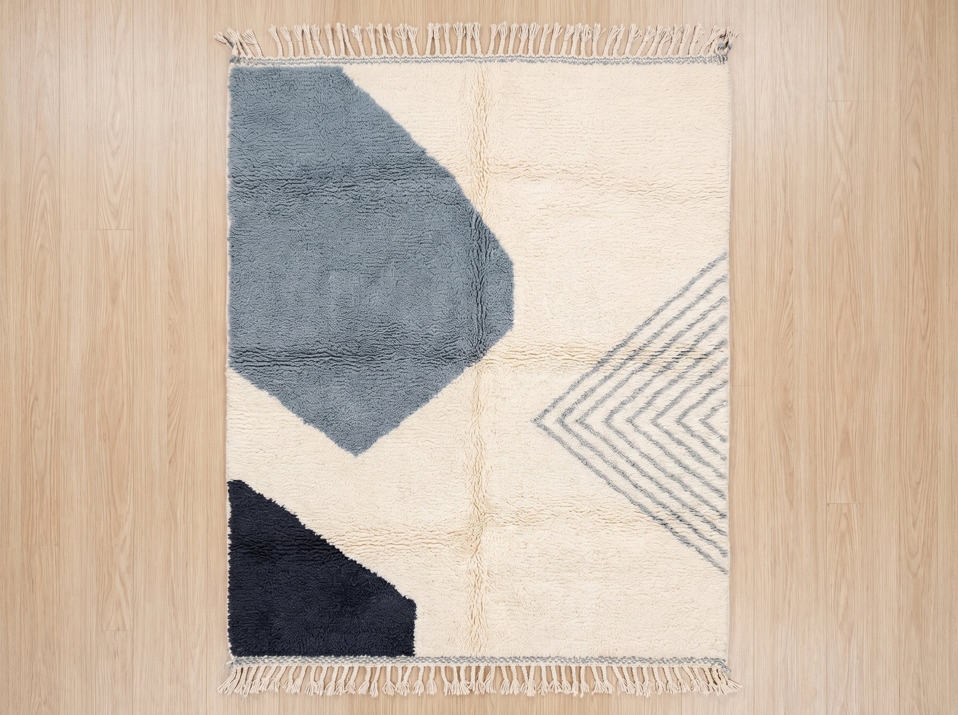 Alt text for product/flat-lay image (descriptive, keyword-rich, max 250 chars, e.g. 'Handwoven custom Beni Ourain Moroccan rug featuring a plush wool pile in dusty blue grey and light silver grey geometric diamond patterns with traditional fringe.')