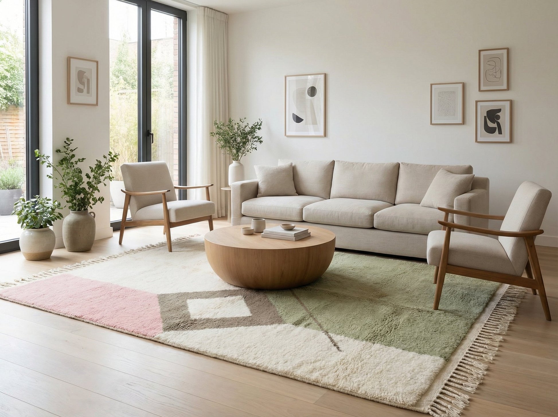 Made to order Moroccan Berber rug in an eclectic living space, contrasting earthy taupe and soft pastel colors against wooden furniture.