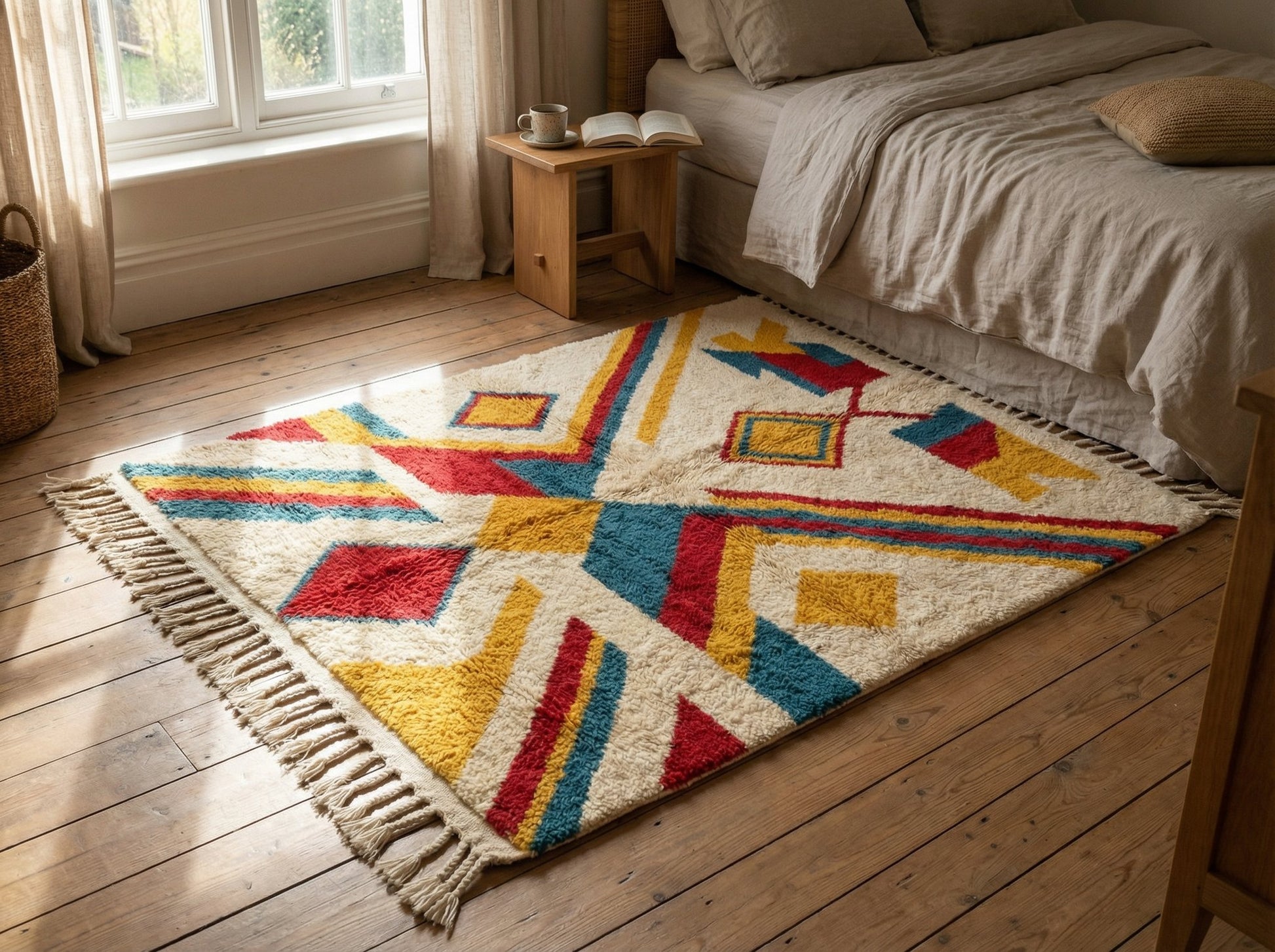 Custom Beni Ourain Rug - Made to Order Colorful Moroccan Wool Rug (Saffron, Blue, Red)