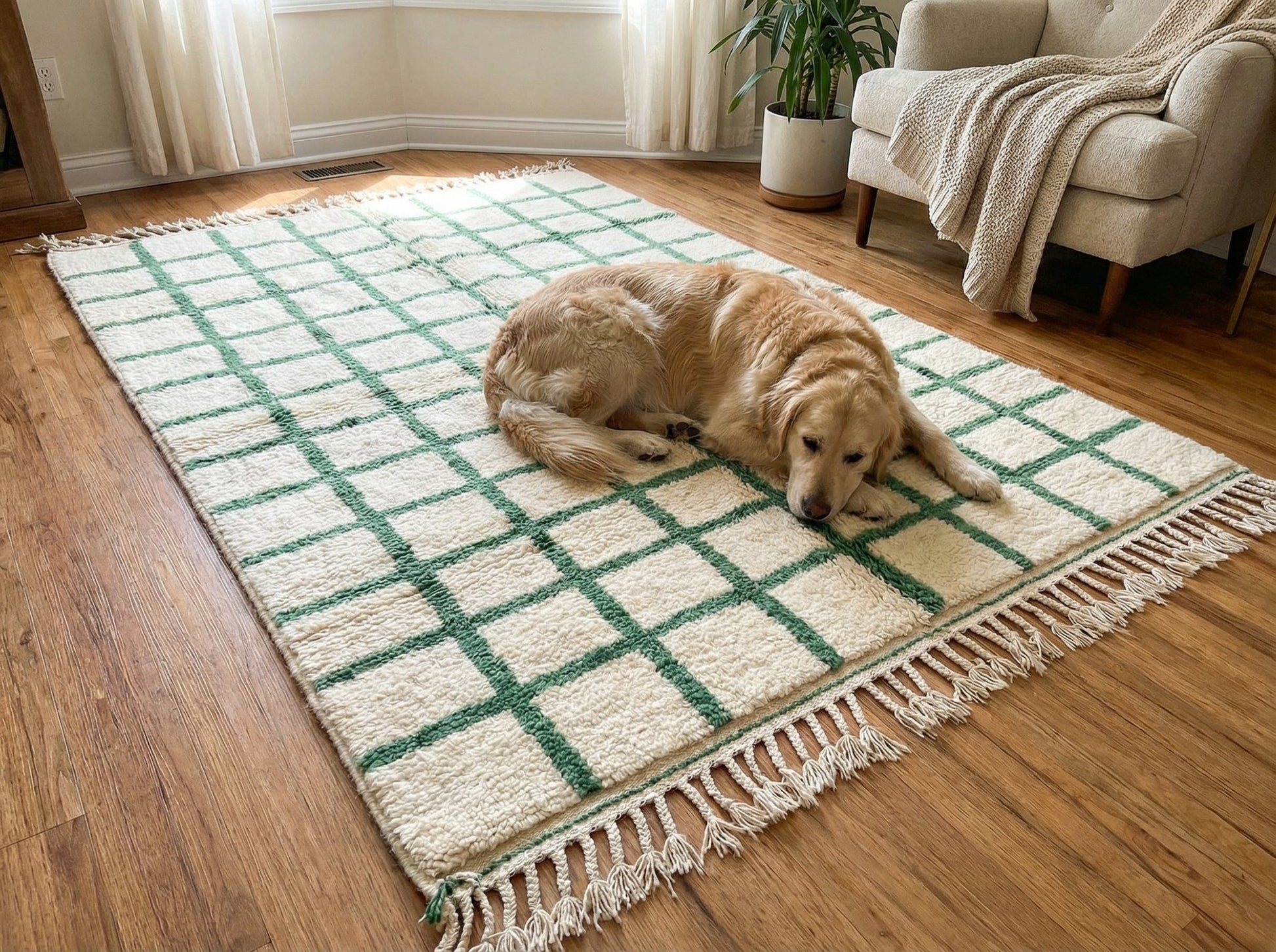 Custom Beni Ourain Rug - Cream & Russian Green Geometric Wool