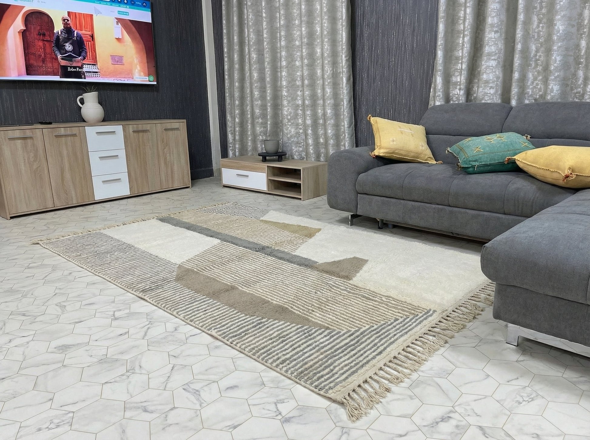 Custom Beni Ourain Moroccan Rug - Soft White & Grey Geometric Wool - Made to Order