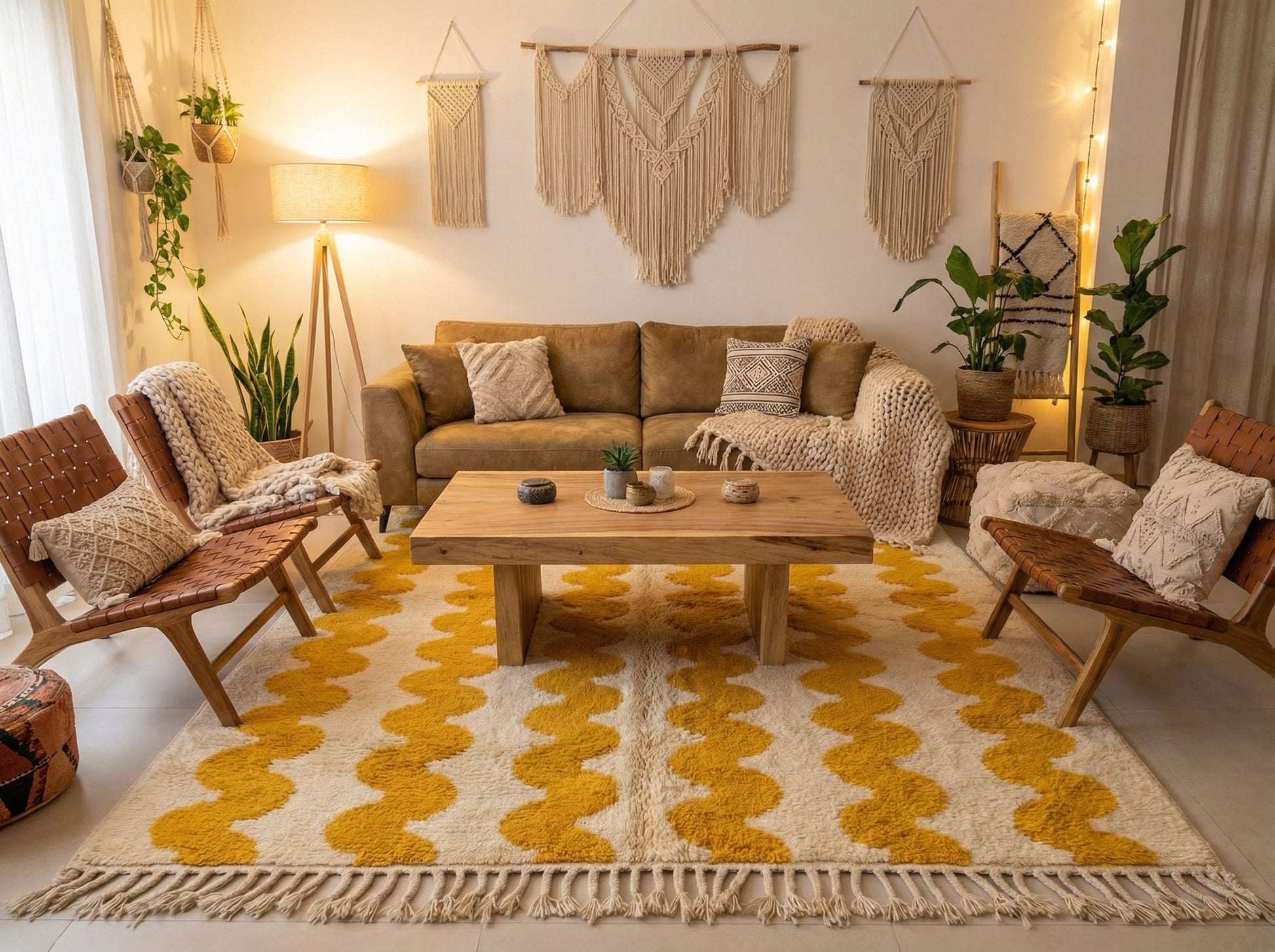 A large, custom-sized cream and saffron Beni Ourain rug anchoring a minimalist living room with a linen sofa and mid-century modern wooden coffee table.