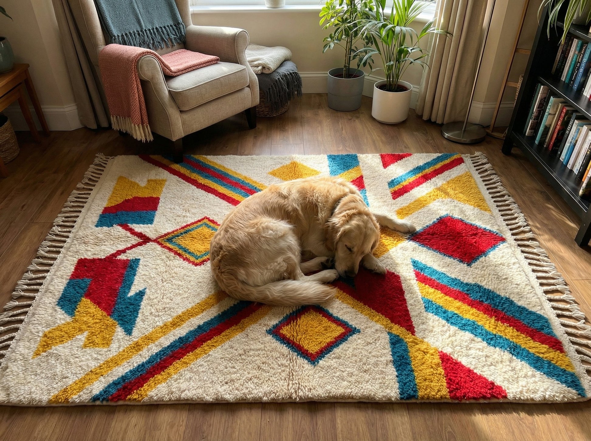 Custom Beni Ourain Rug - Made to Order Colorful Moroccan Wool Rug (Saffron, Blue, Red)