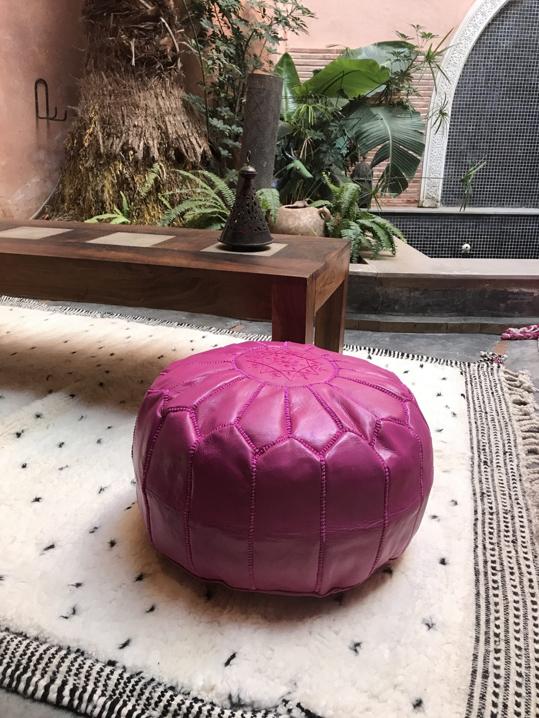 Pink Moroccan leather pouf