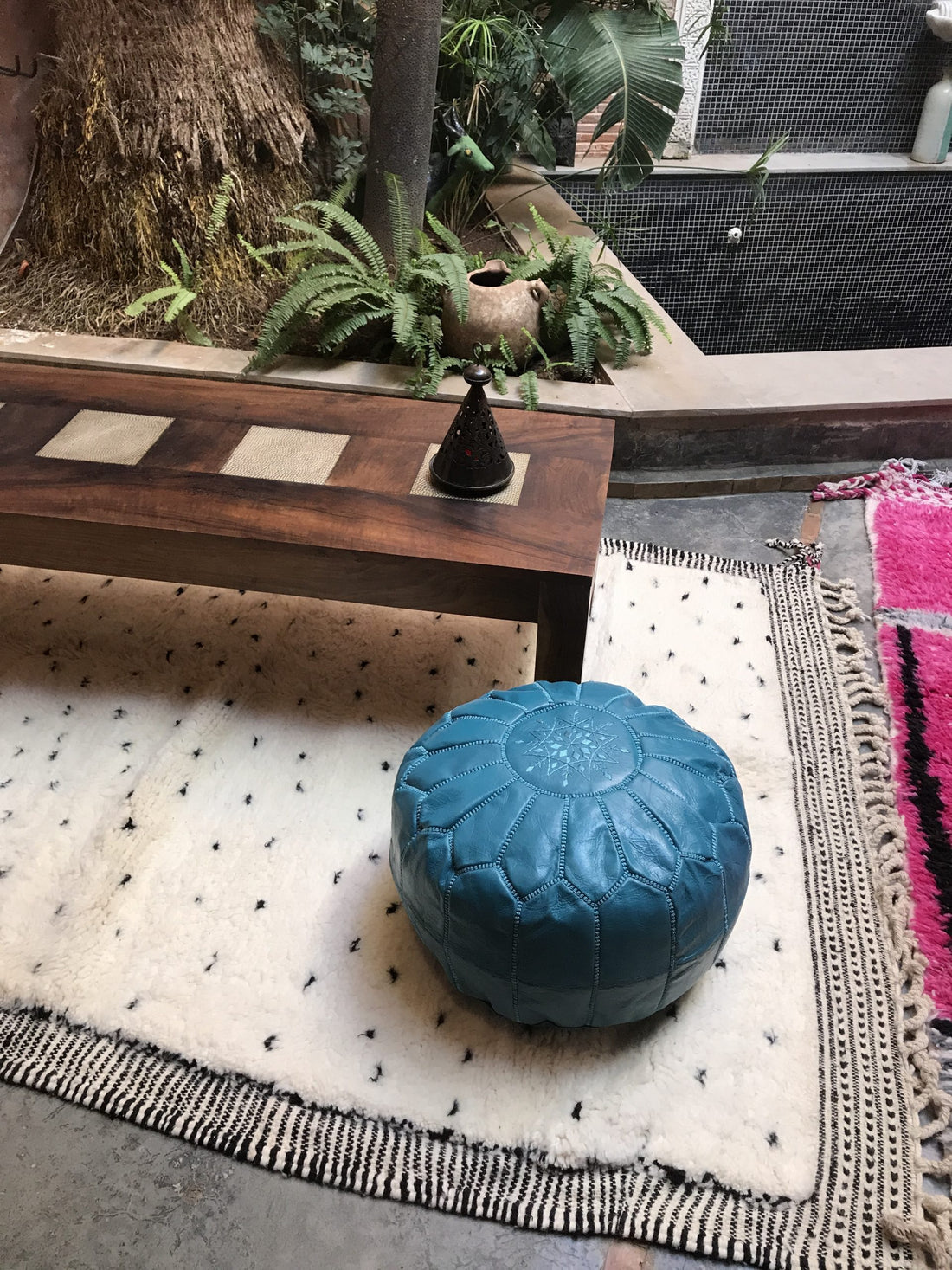 Blue Moroccan leather pouf