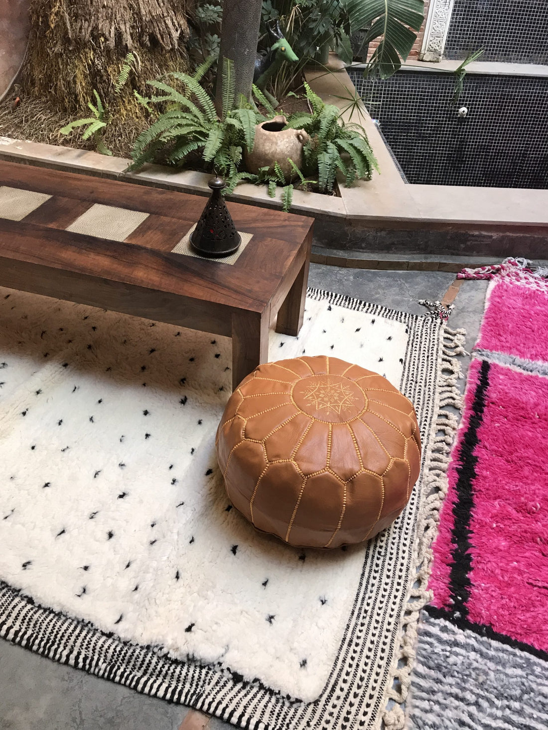 Mustard Moroccan leather pouf