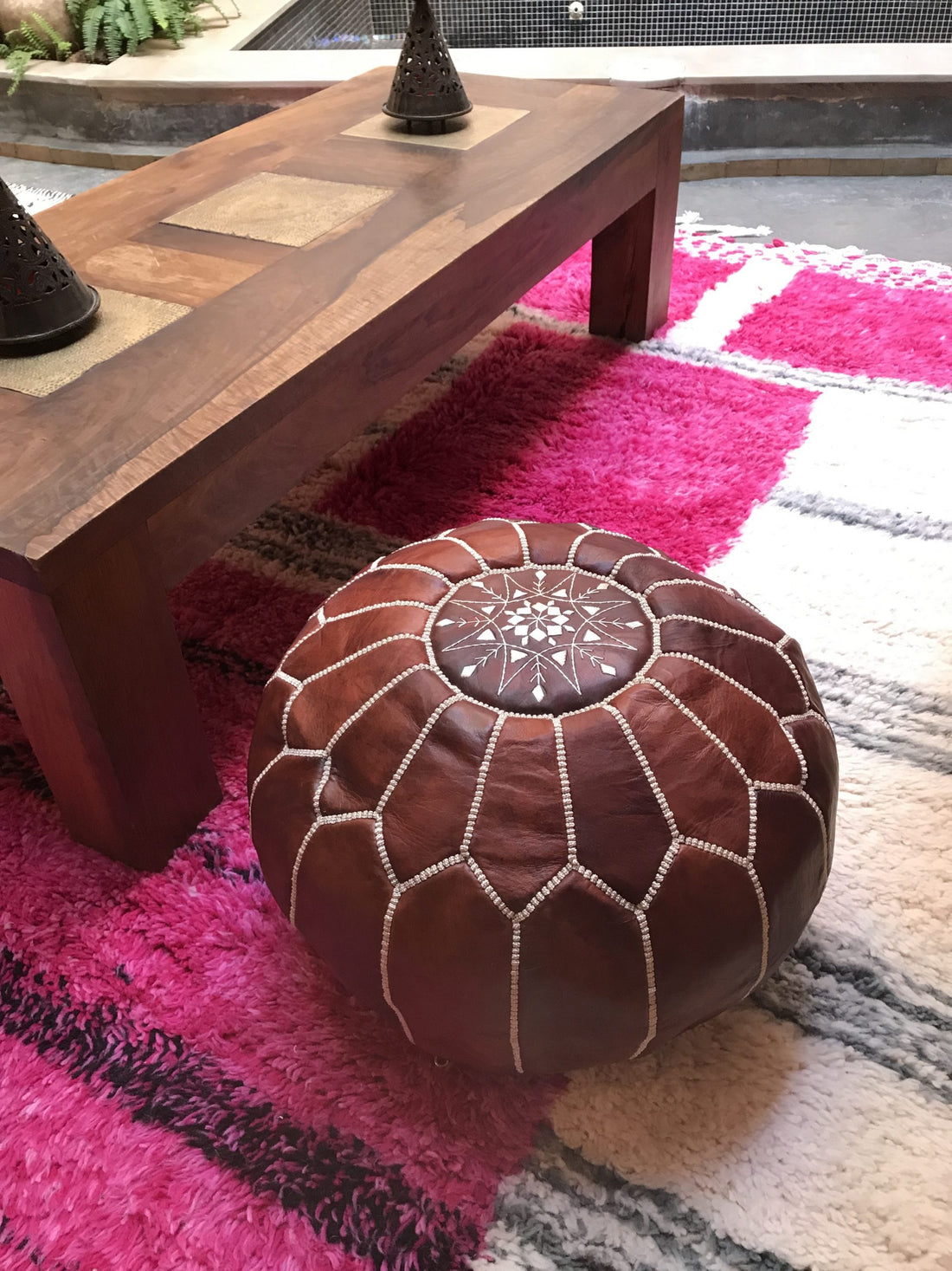 Brown Moroccan leather pouf