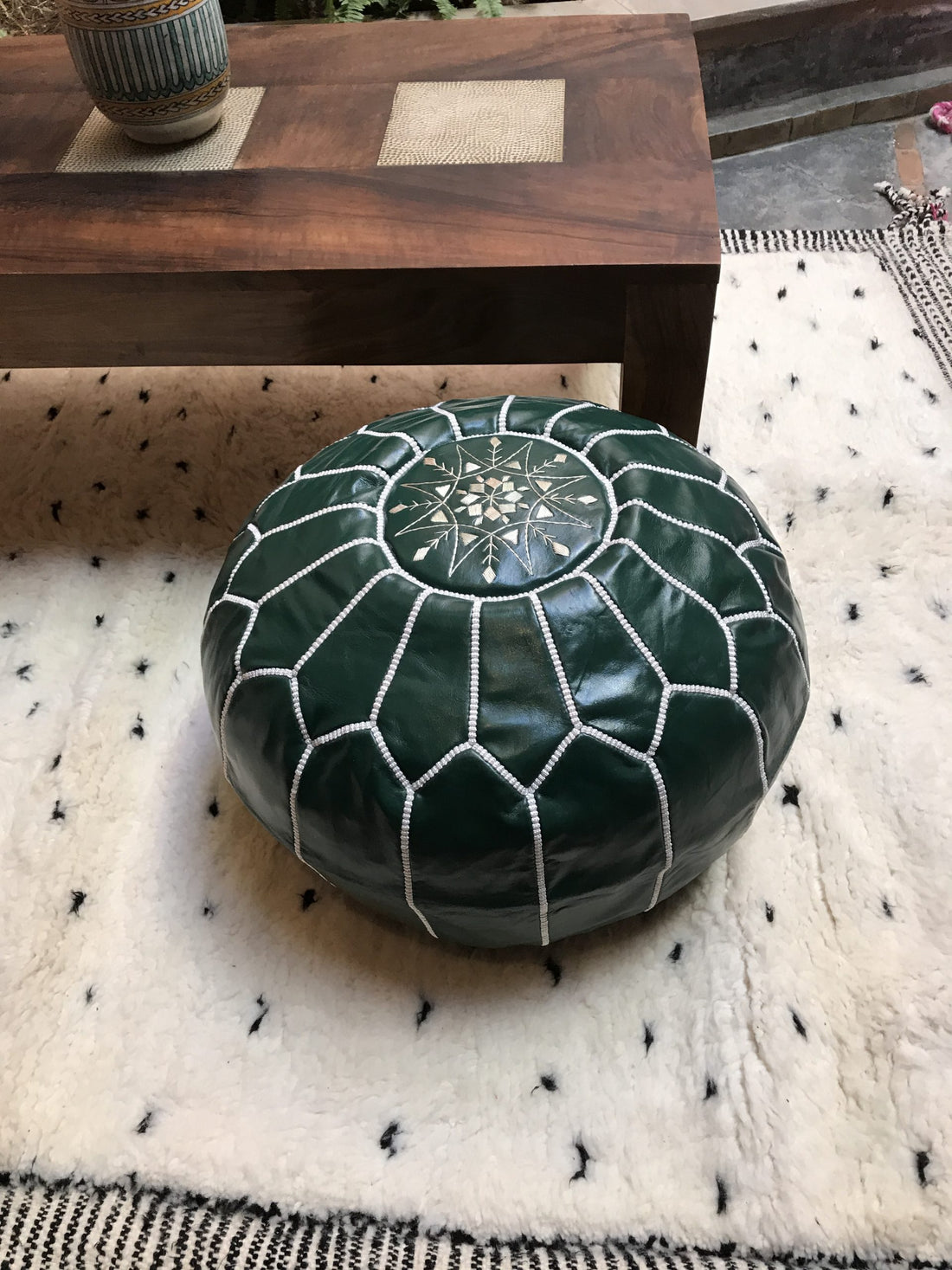 Green Moroccan leather pouf