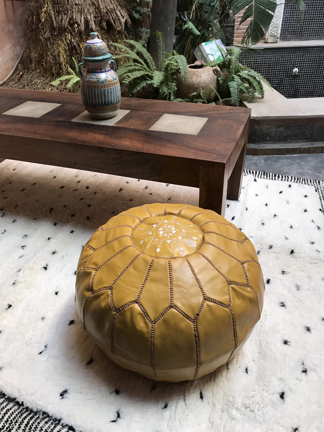 Yellow Moroccan leather pouf