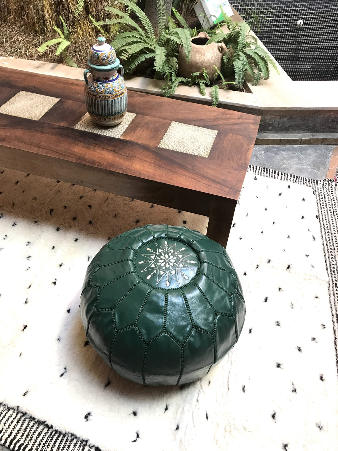 Green Moroccan leather pouf