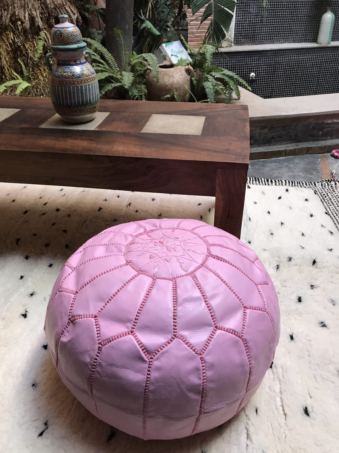 Pink Moroccan leather pouf