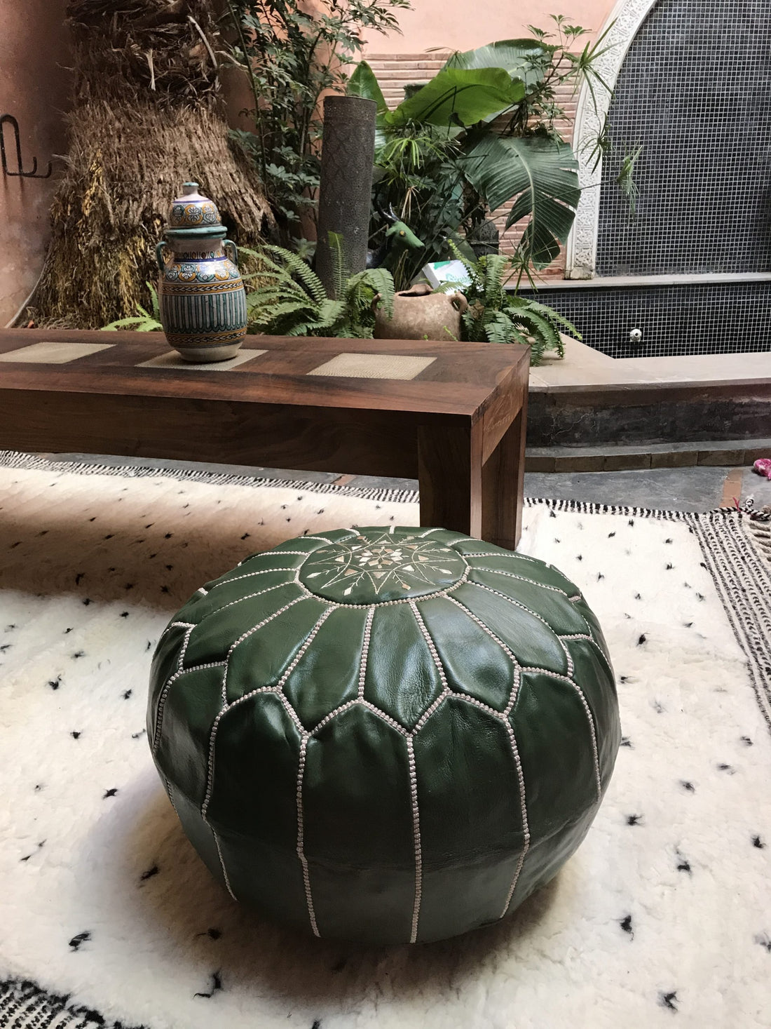 Green Moroccan leather pouf