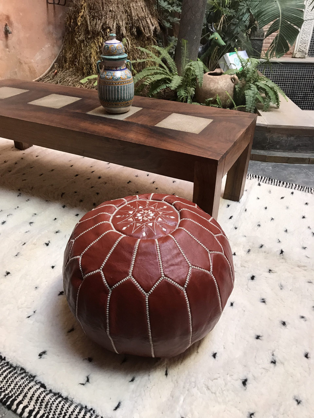 Brown Moroccan leather pouf