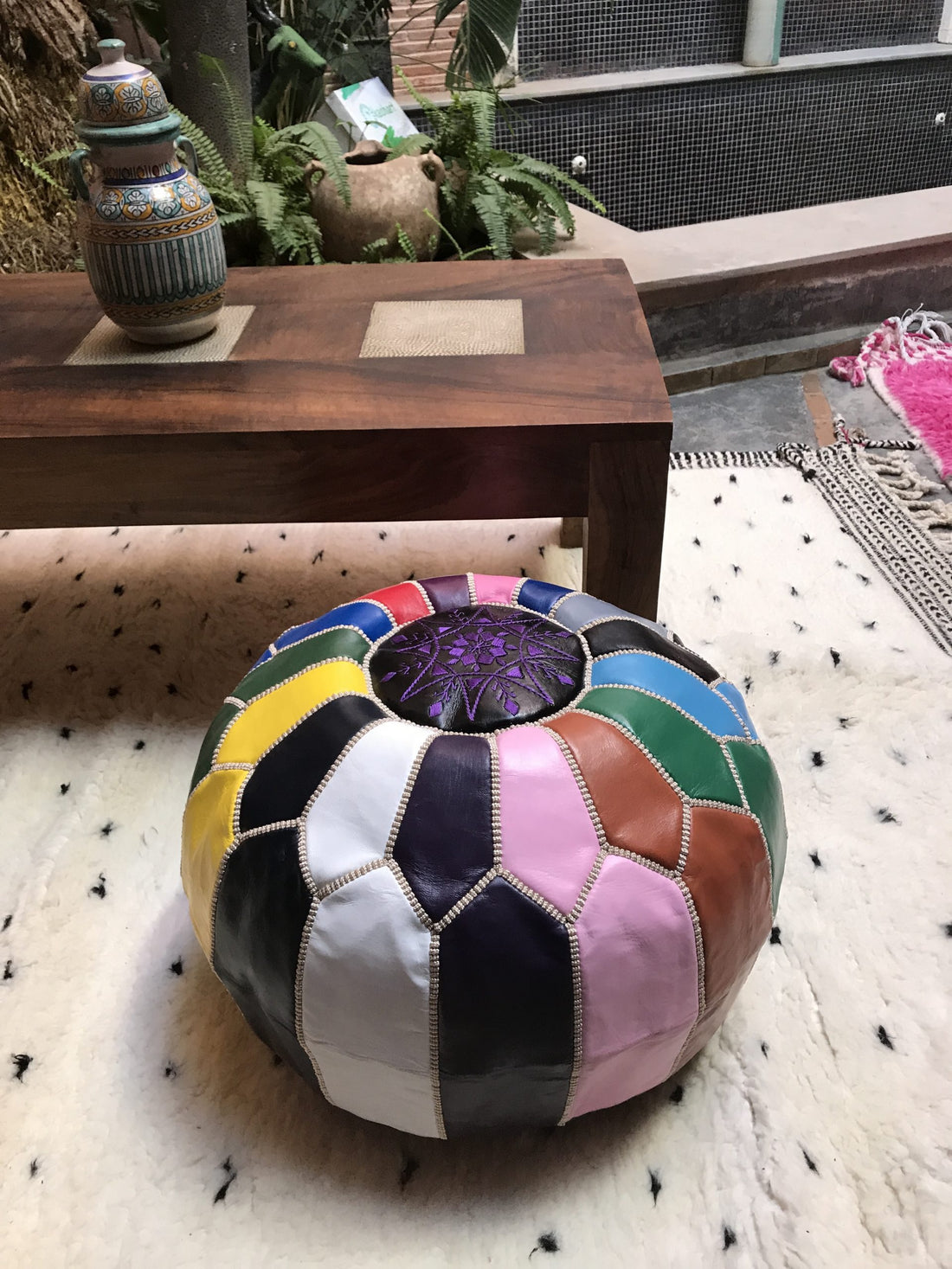 Multicolore Moroccan leather pouf