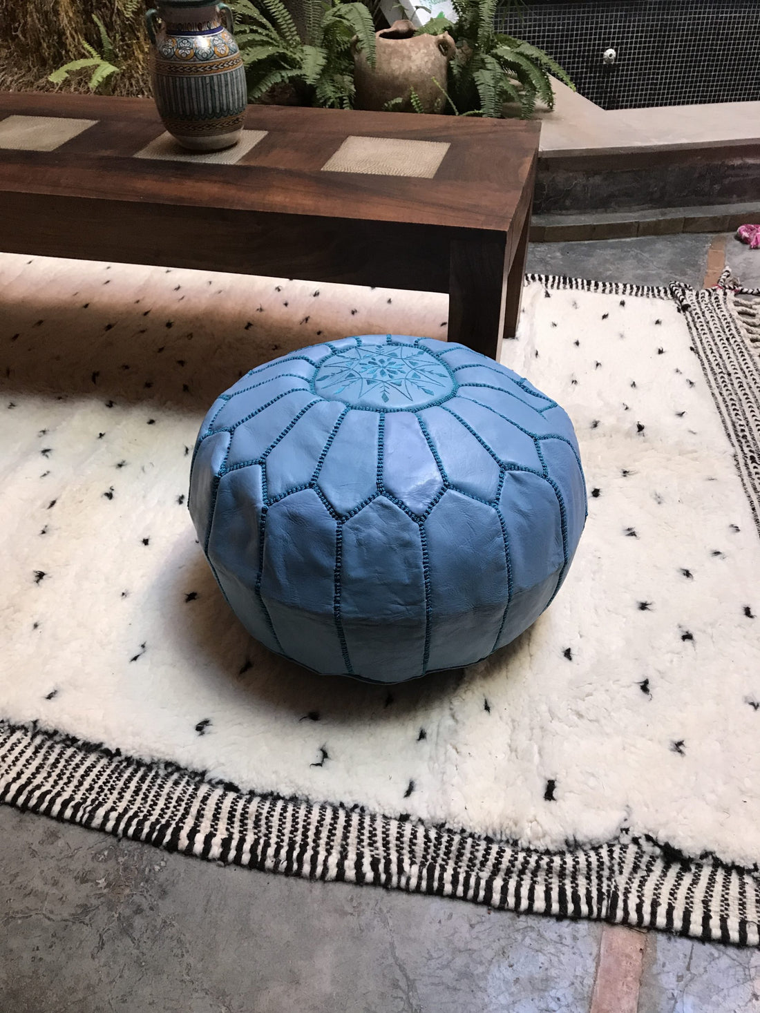 Blue Moroccan leather pouf