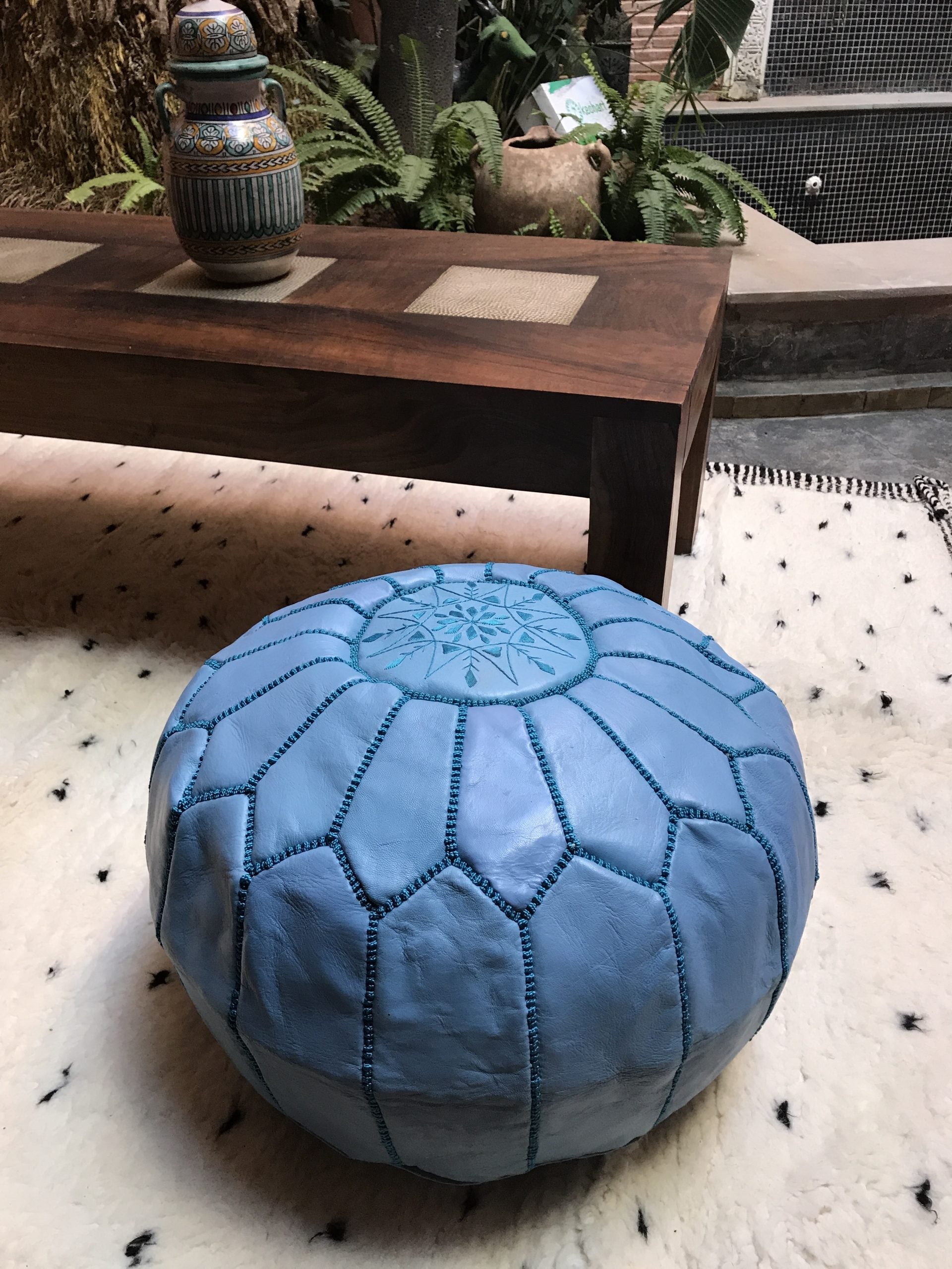 Moroccan ottoman pouf Duck blue pouf, ottoman design poufs handmade turniturebRoundbpouf home decor moroccan outlet poufs