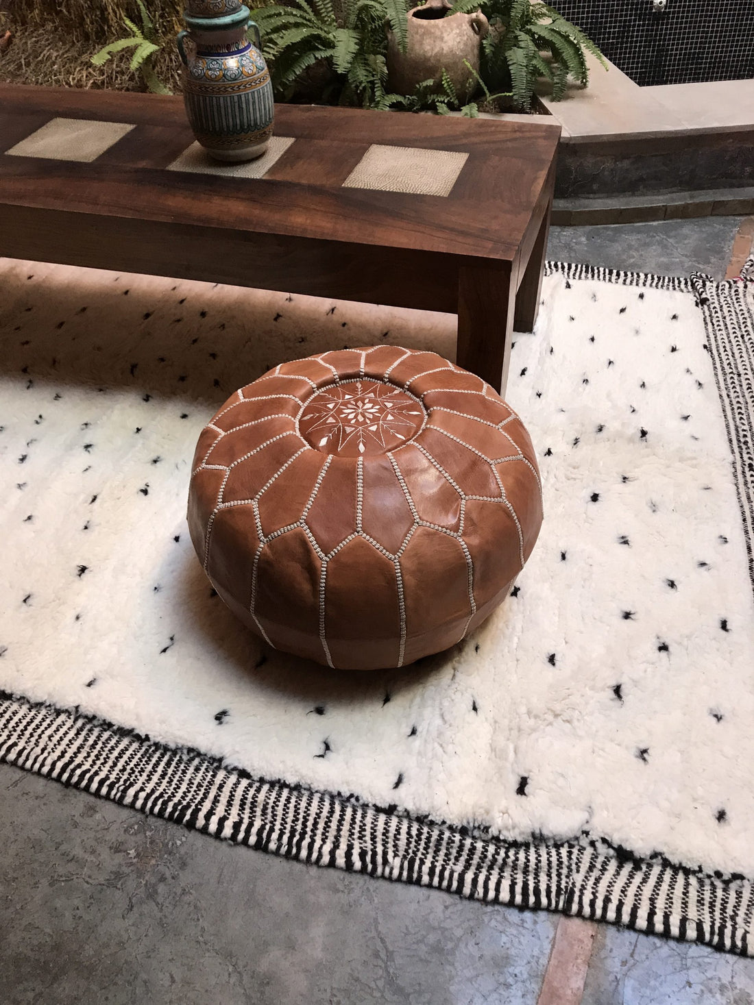 Brown Moroccan leather pouf