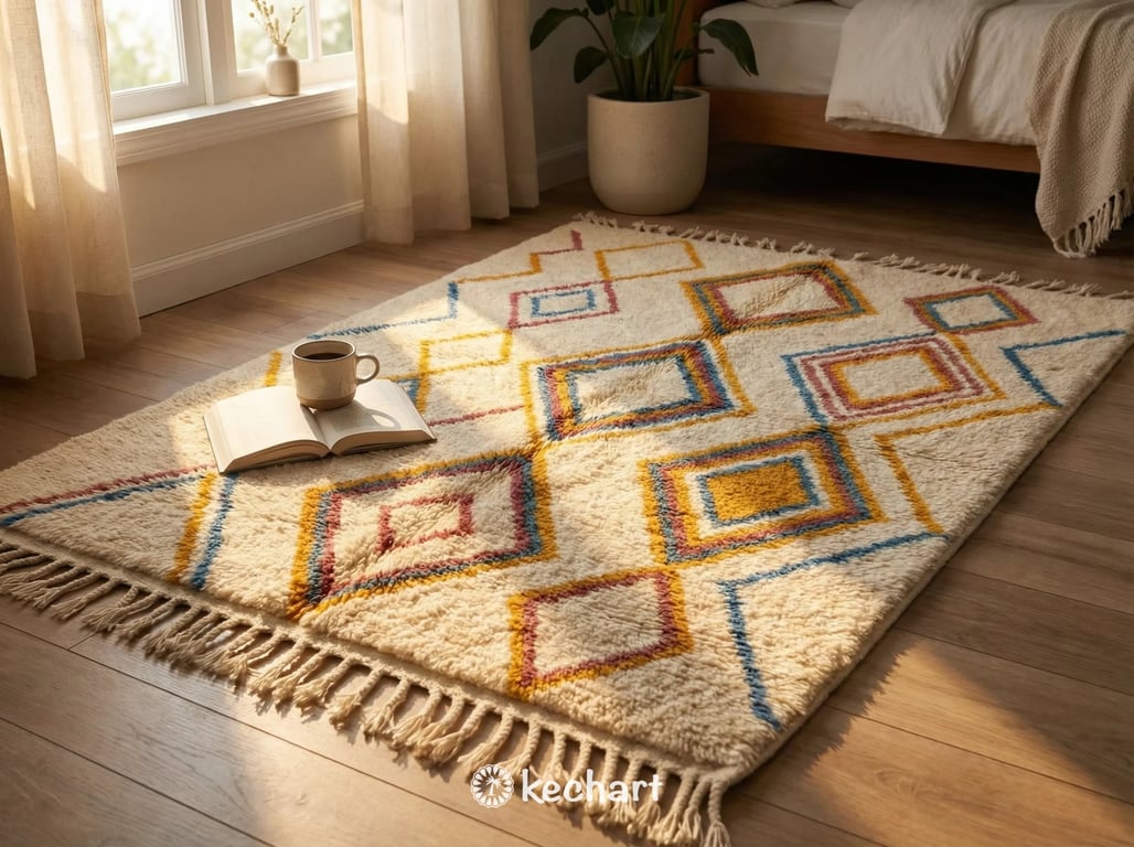 Custom Beni Ourain Rug - Made to Order Wool in Saffron, Red & Blue