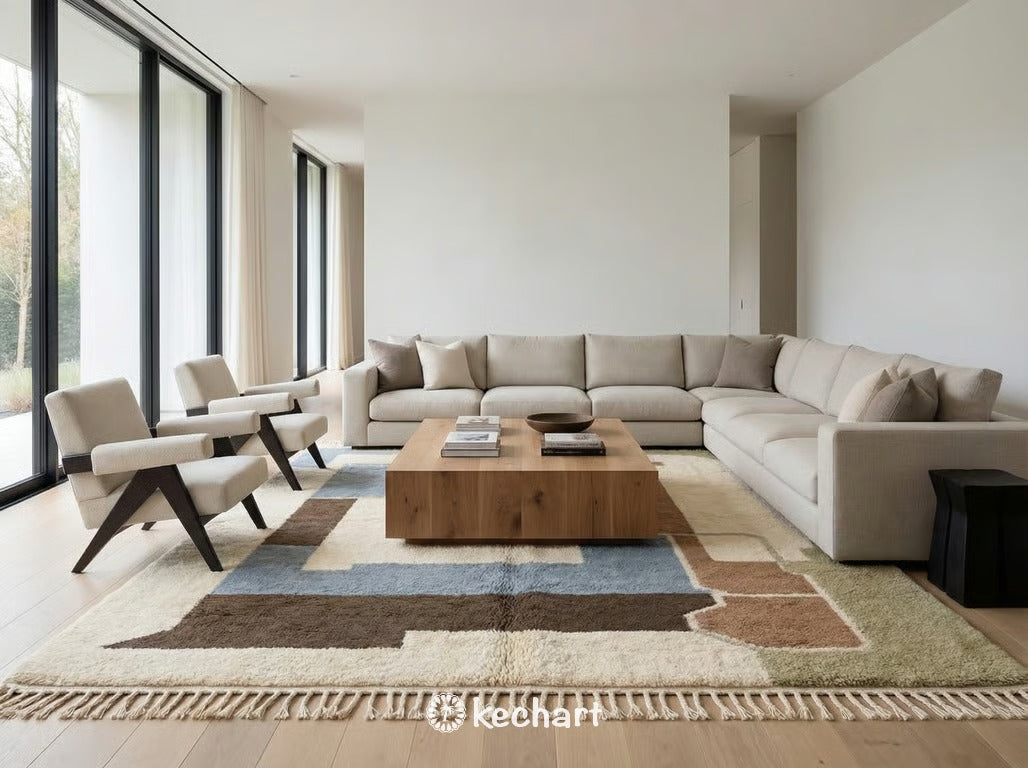 Large custom Moroccan area rug in a bohemian living room setting, anchored under a neutral linen sofa and wooden coffee table.