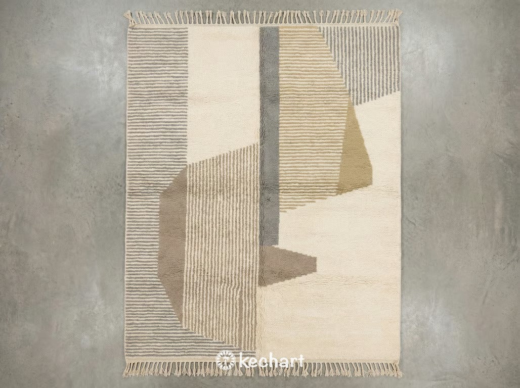 Custom Beni Ourain Moroccan rug flat lay showing plush shaggy wool texture in soft white with medium cool grey and taupe geometric diamond pattern and traditional fringe.