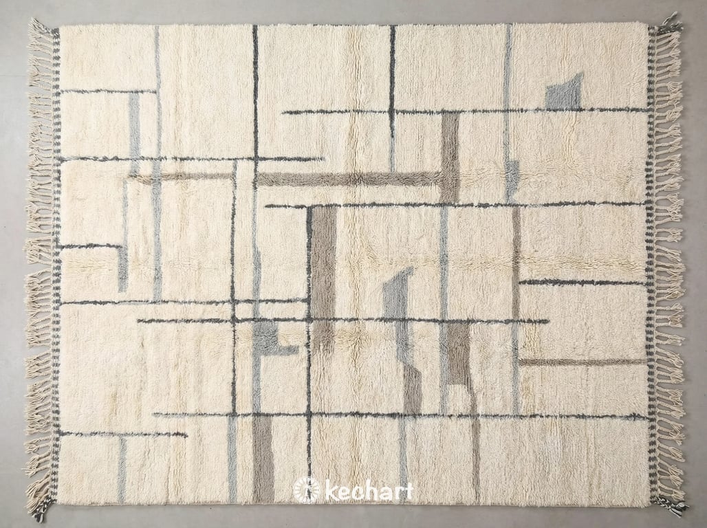Custom Beni Ourain Moroccan Wool Rug showing plush shaggy texture in slate grey, silver grey, and soft white geometric diamond pattern with traditional fringe.