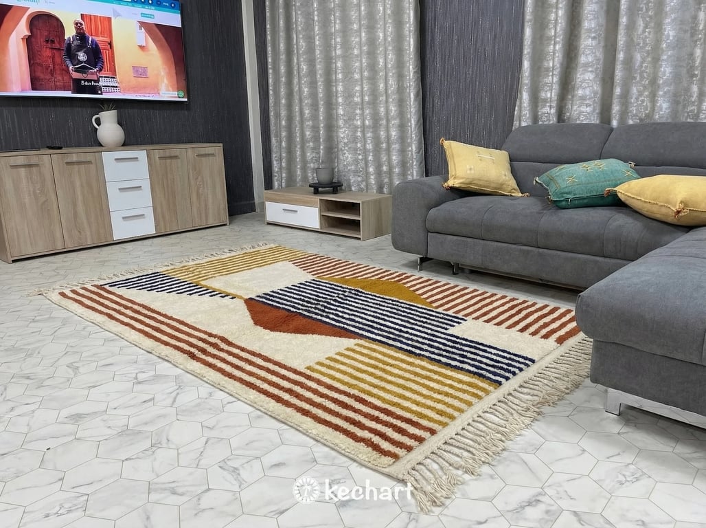 Custom Beni Ourain Rug - Handwoven Moroccan Wool, Rust & Navy Diamonds