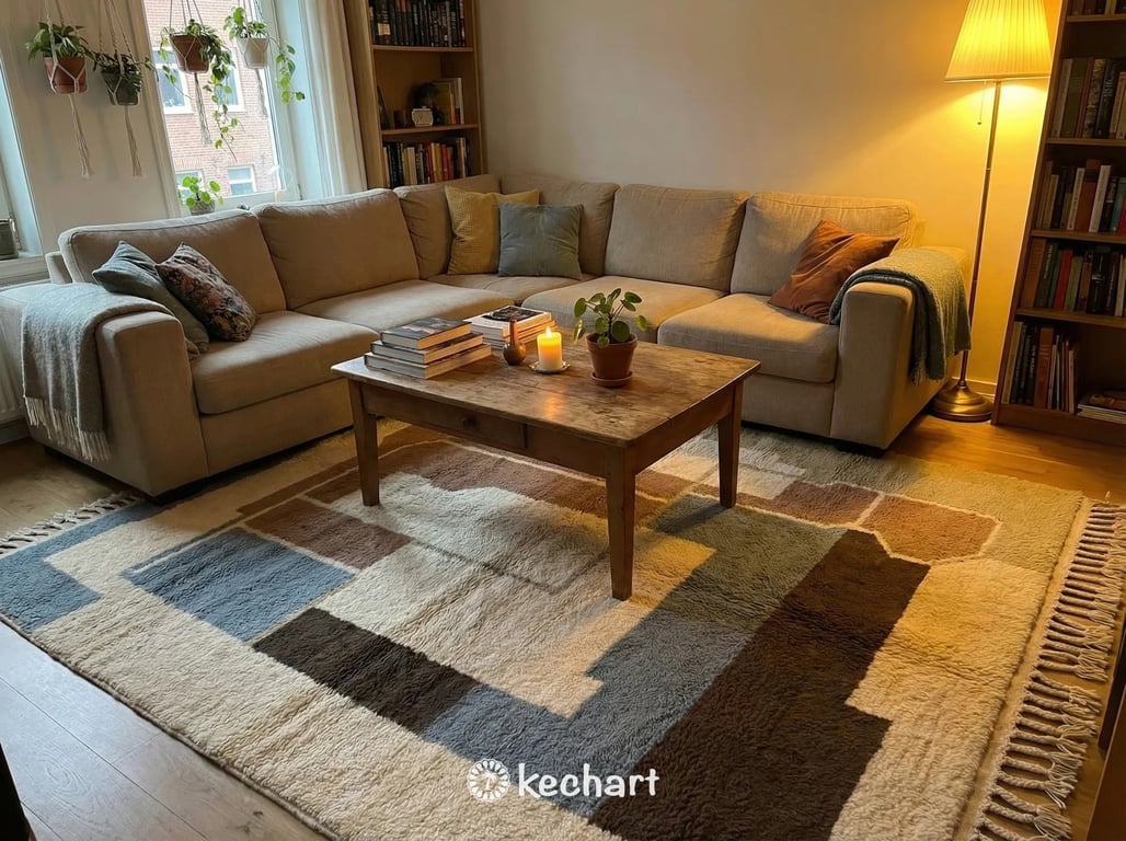 Custom Beni Ourain Moroccan Rug - Sand & Dusty Blue Geometric Wool Area Rug