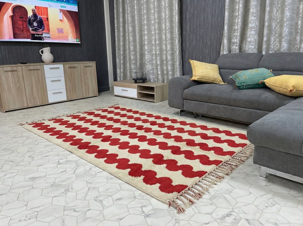 Close up view showing the thick, shaggy wool pile texture of the custom cream Beni Ourain rug and the vibrant red diamond details.
