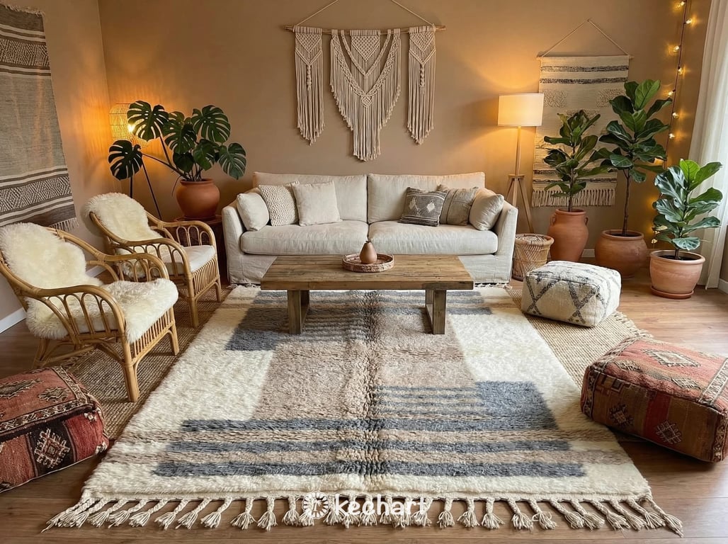 Close-up view of the hand-knotted high pile wool fibers and traditional braided fringe detail on a custom grey and white geometric Moroccan rug.