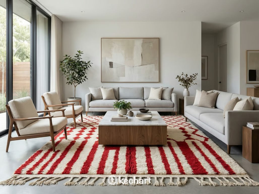Luxurious master bedroom with a plush, shaggy red Moroccan wool rug placed beneath a king-size bed, adding warmth and bold color to the space.