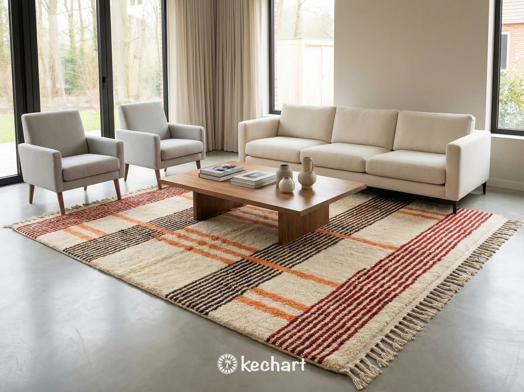 Plush handmade Beni Ourain rug placed under a bed in a cozy master bedroom, adding warmth with its deep red, orange, and creamy wool pile.