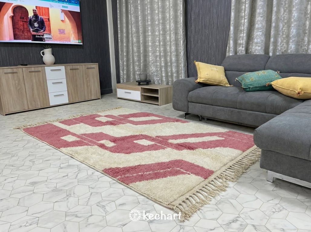 Close-up shot demonstrating the deep shaggy wool texture of a handcrafted Beni Ourain rug and the artisanal quality of the pink diamond weave.